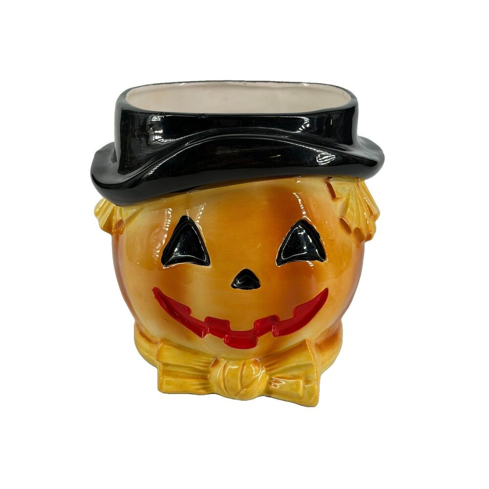 Vintage Relpo Halloween Scarecrow Jack-O-Lantern Pumpkin Vase Ceramic Planter